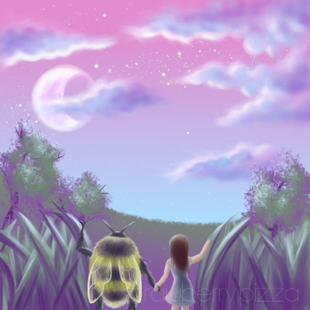 Digital painting of a bumble bee and a girl the same size as the bee holding hands and looking at the moon.