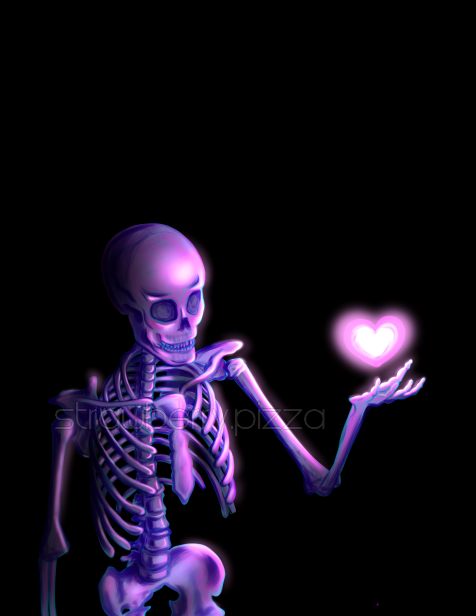 digital painting of a skeleton in the dark holding a glowing heart in its hand.