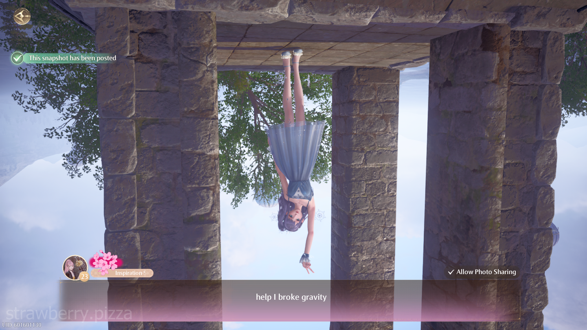 Posed upside down in a ruin structure. Wearing a greyish lavender simple dress and curly grey-lavender hair.