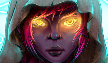 digital art of a dark elf in a hood with glowing eyes.