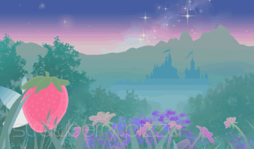 a strawberry with fairy wings flies around in a field of flowers.