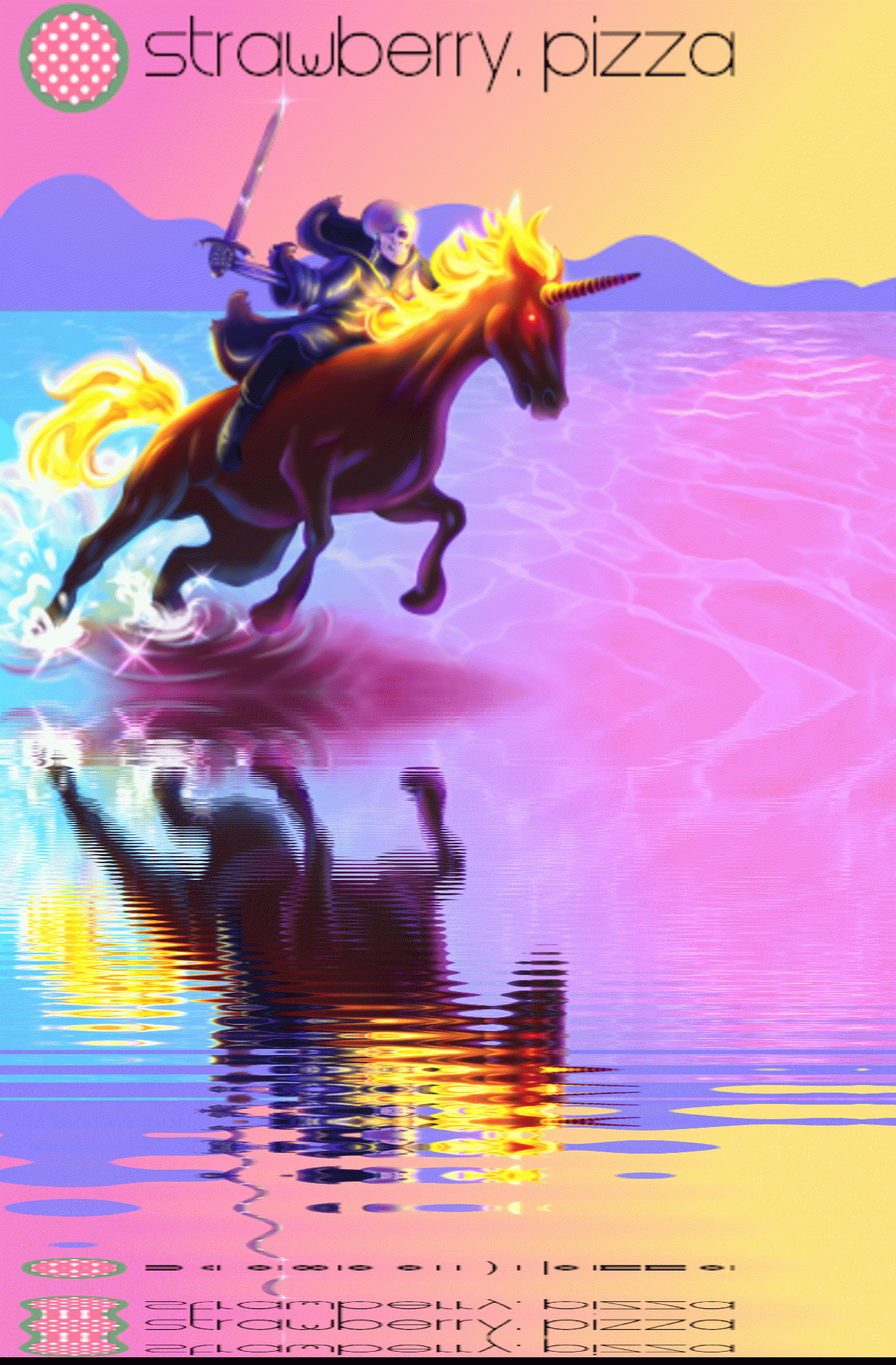 a skeleton riding a unicorn with flaming mane over some water that is animated
