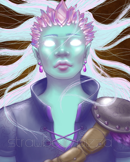 digital painting of a genasi woman with glowing eyes and hair flying.